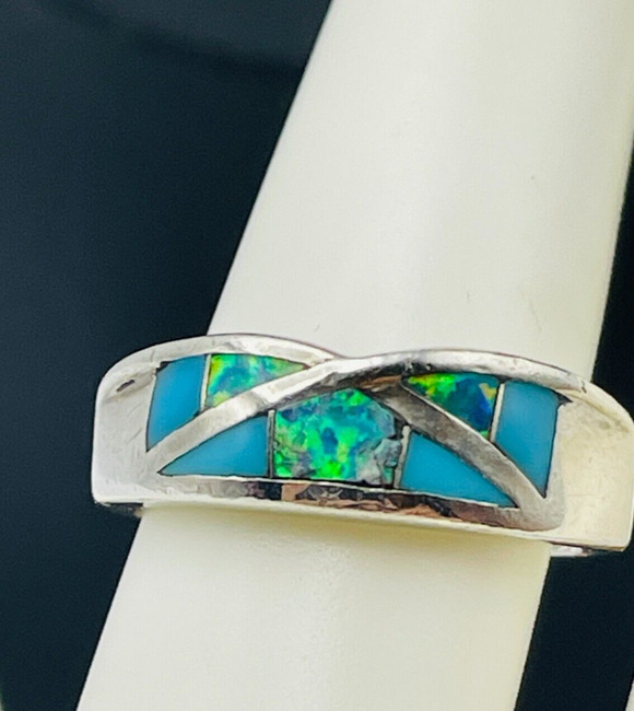 AV Jewelry - Southwest Sterling Silver Ring Lab Opal Turquoise Inlay Band Size 7 Signed AV